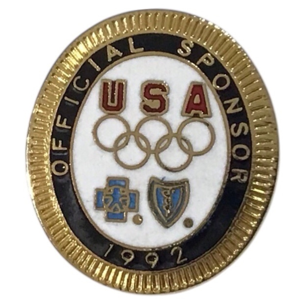 Pin USA Olympic 1992 Official Sponsor Blue Cross Shield Gold Tone Lapel Jewelry